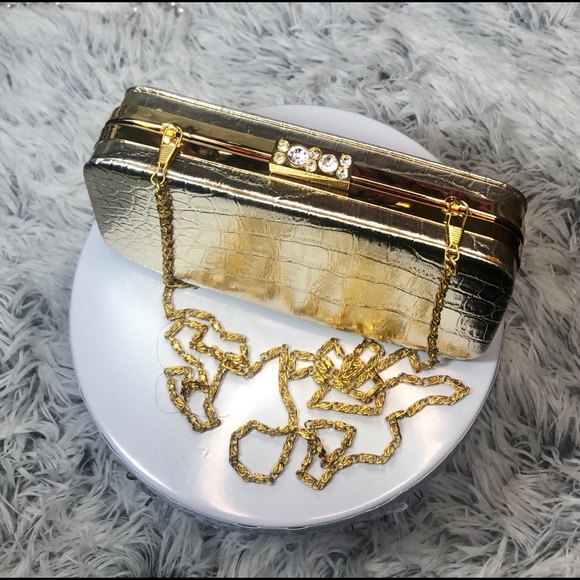 KATE LANDRY - Gold Alligator Print Evening Bag - Picture 2 of 16